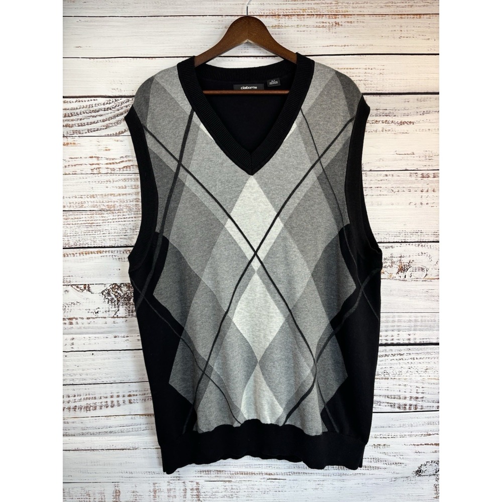 Argyle Sweater Vest Black Gray XLT 100% Cotton Preppy Golf Grandpa Academia